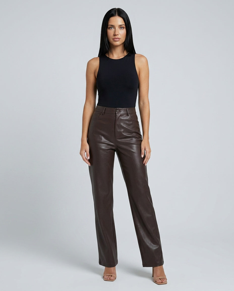 Ava | High Waist Straight Leg Faux Leather Trousers