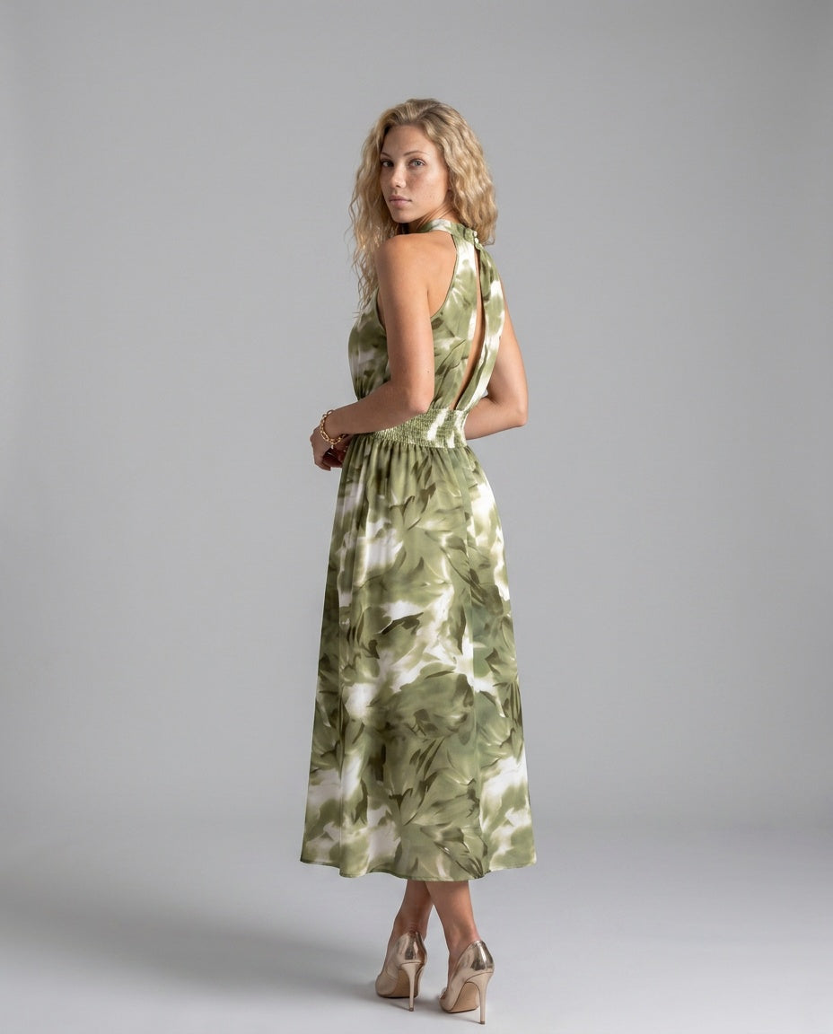 Blair | Gathered Waist Abstract Print Midi Dress