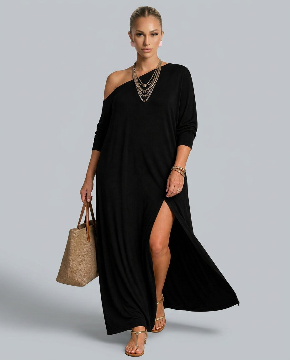 Ivy | One-Shoulder Side Slit Flowing Midi Dress