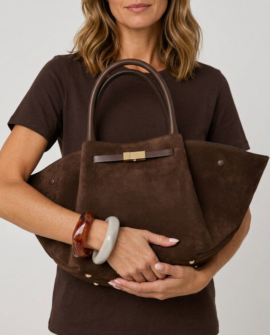 Minimalist Vegan Suede Tote Bag with Gold Lock