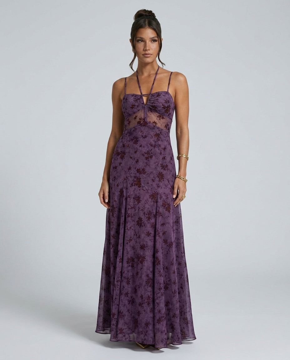 Evarisse | Floral Mesh Corset Maxi Dress