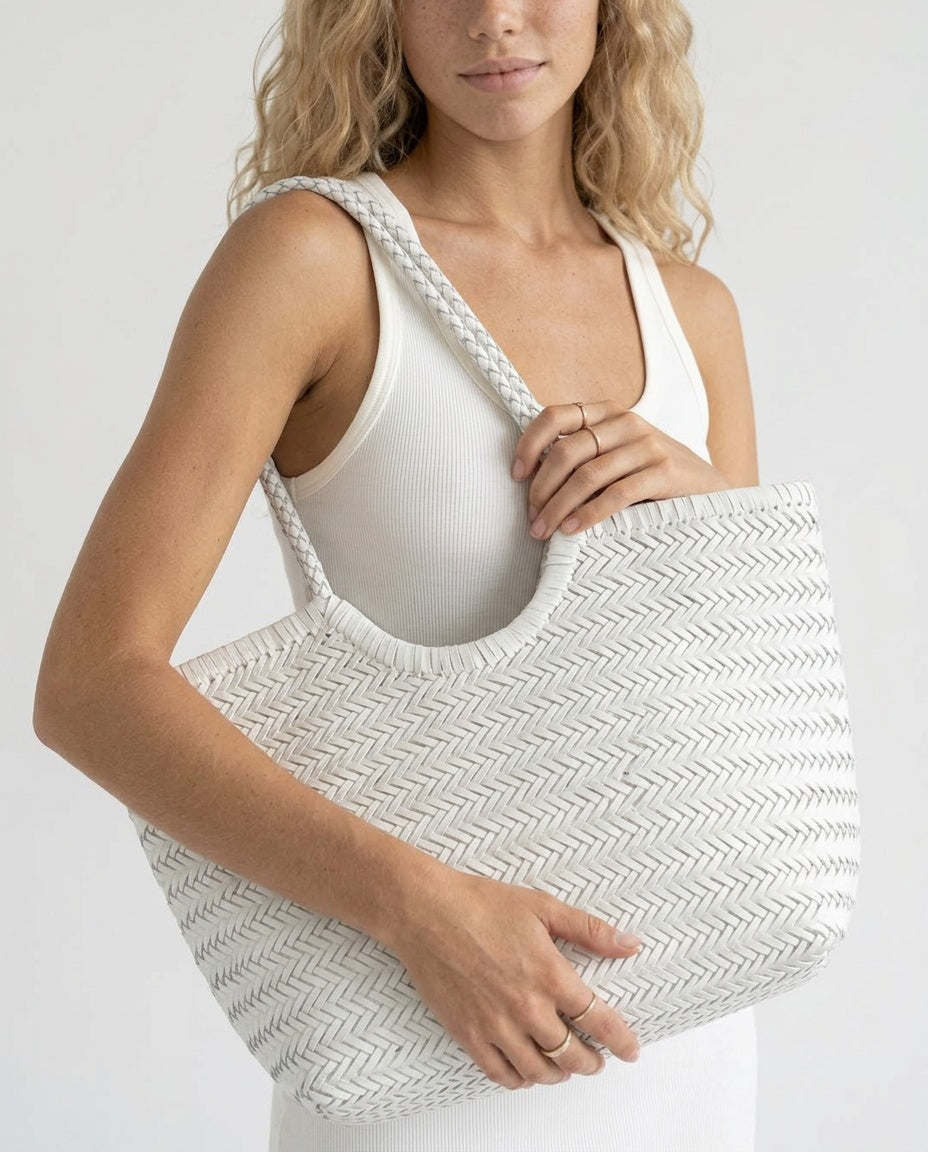 Hand-Woven Vegan Leather Tote Bag with Shoulder Strap