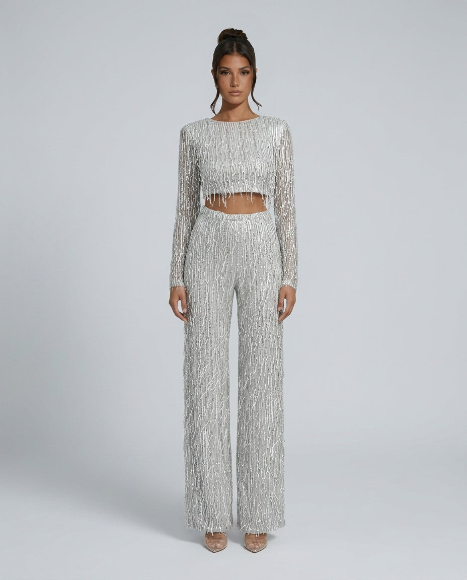 Talia | Sequin Crop Top & Wide-Leg Pants Set
