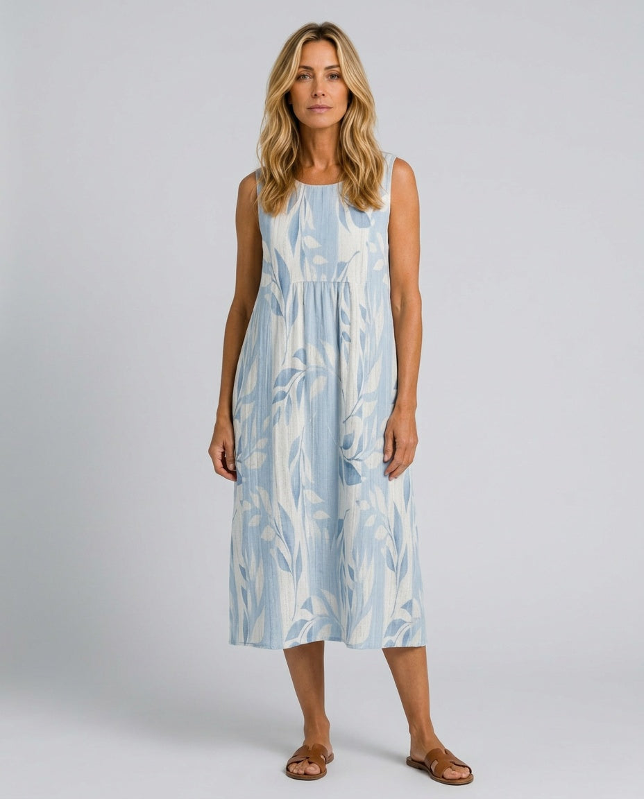 Solene | Sleeveless Leaf Print Midi Dress