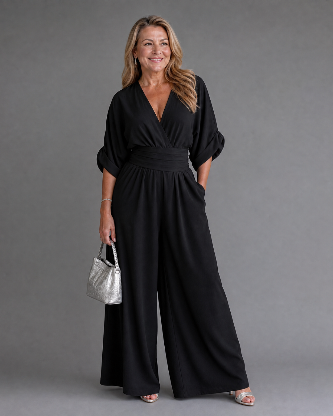 Elin | Draped V-Neck Wide Leg Relaxed Jumpsuit