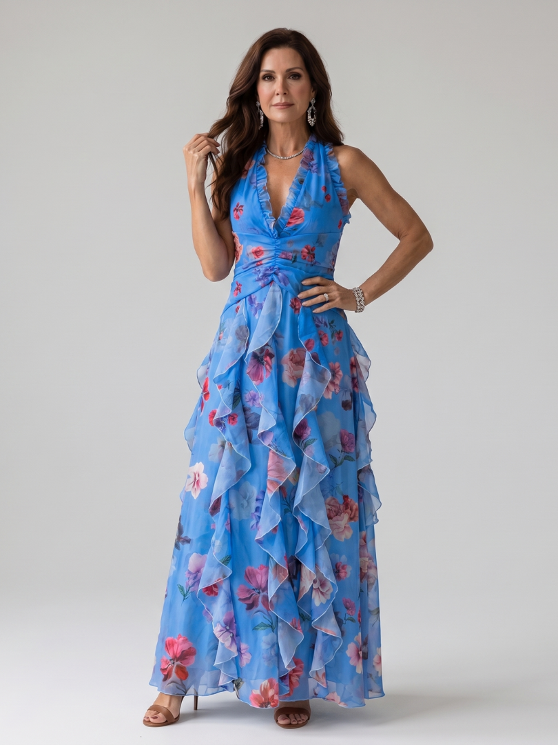 Piper | Halter Neck Ruched Floral Maxi Dress