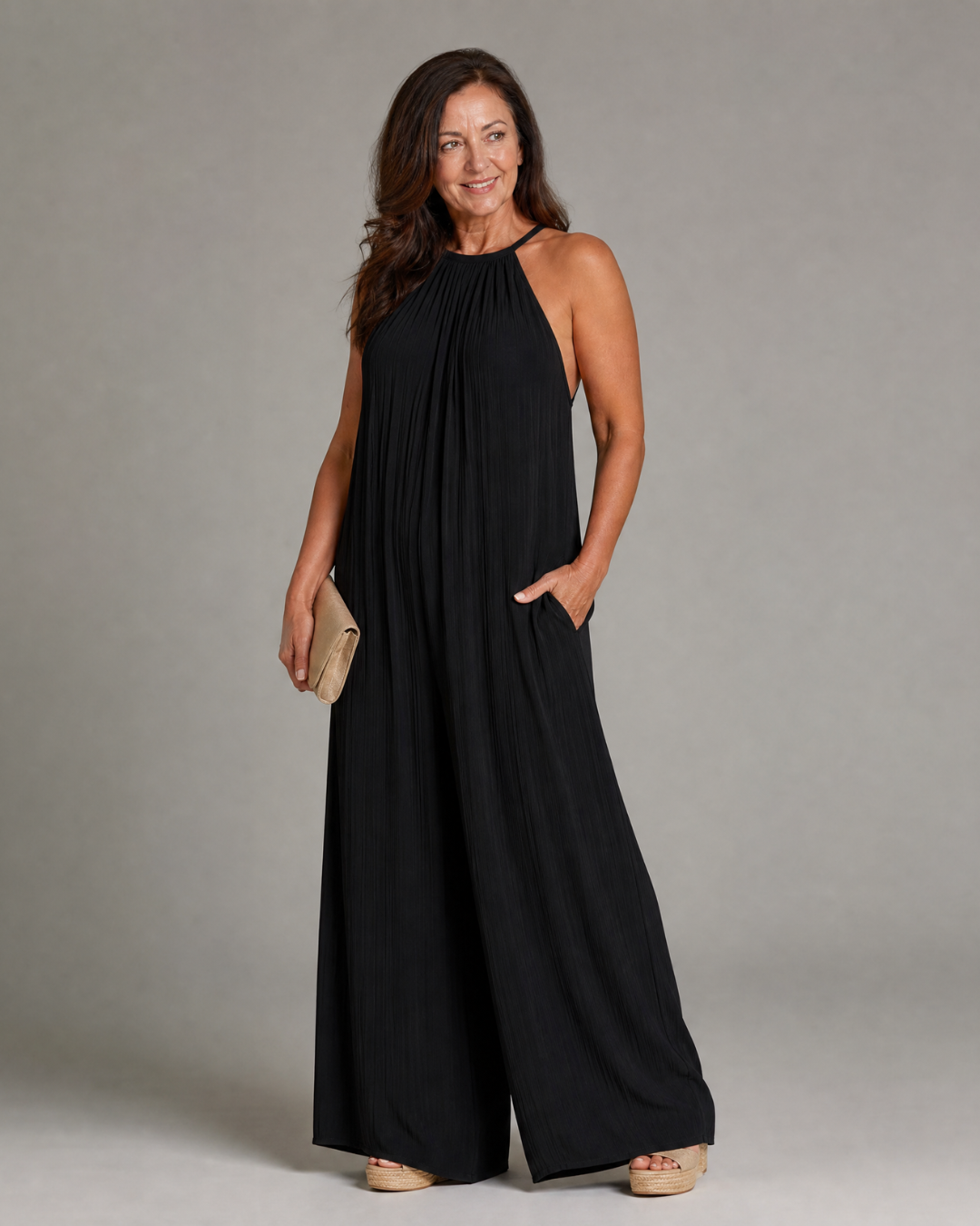 Sylvara | Pleated Halter Neck Wide Leg Jumpsuit