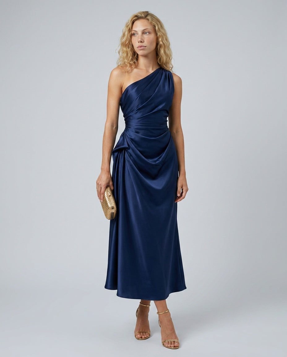 Seraphina | One-Shoulder Draped Satin-Look Midi Dress