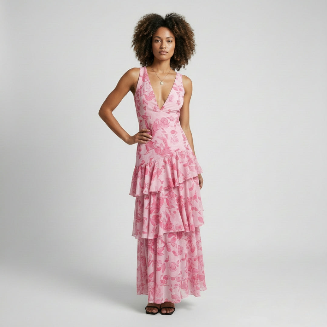 Harlow | V-Neck Plissé Pleated Maxi Dress