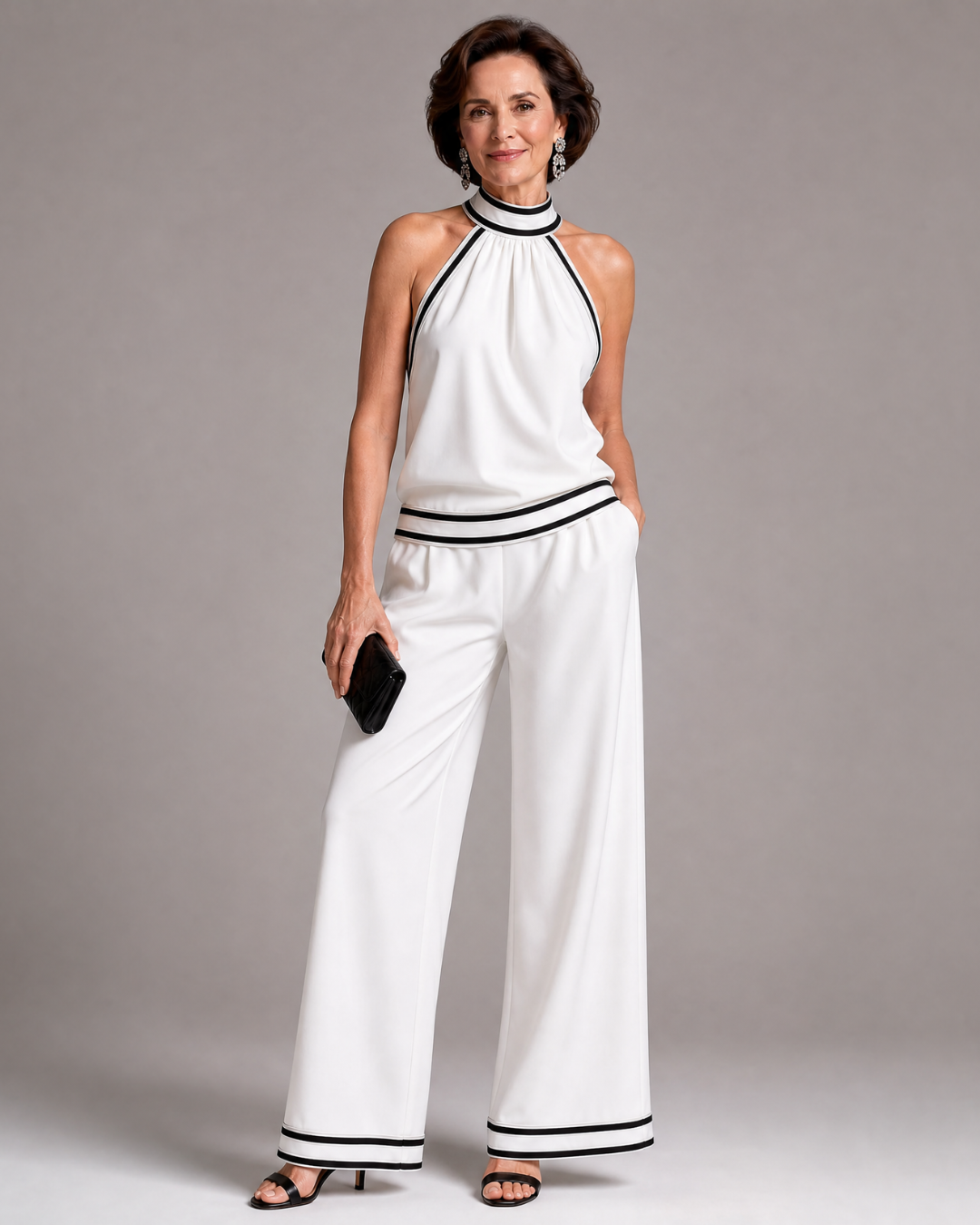 Bianca | Contrast Trim Halter Neck Wide Leg Jumpsuit