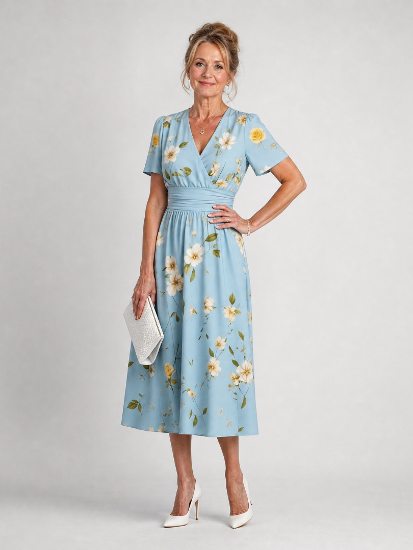 Jimena | Floral Print Short Sleeve V-Neck Midi Dress