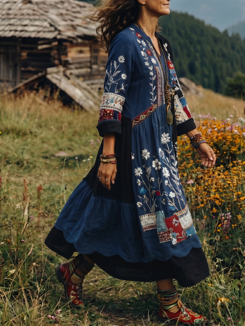 Wren | Embroidered Panel Long Sleeve Midi Dress