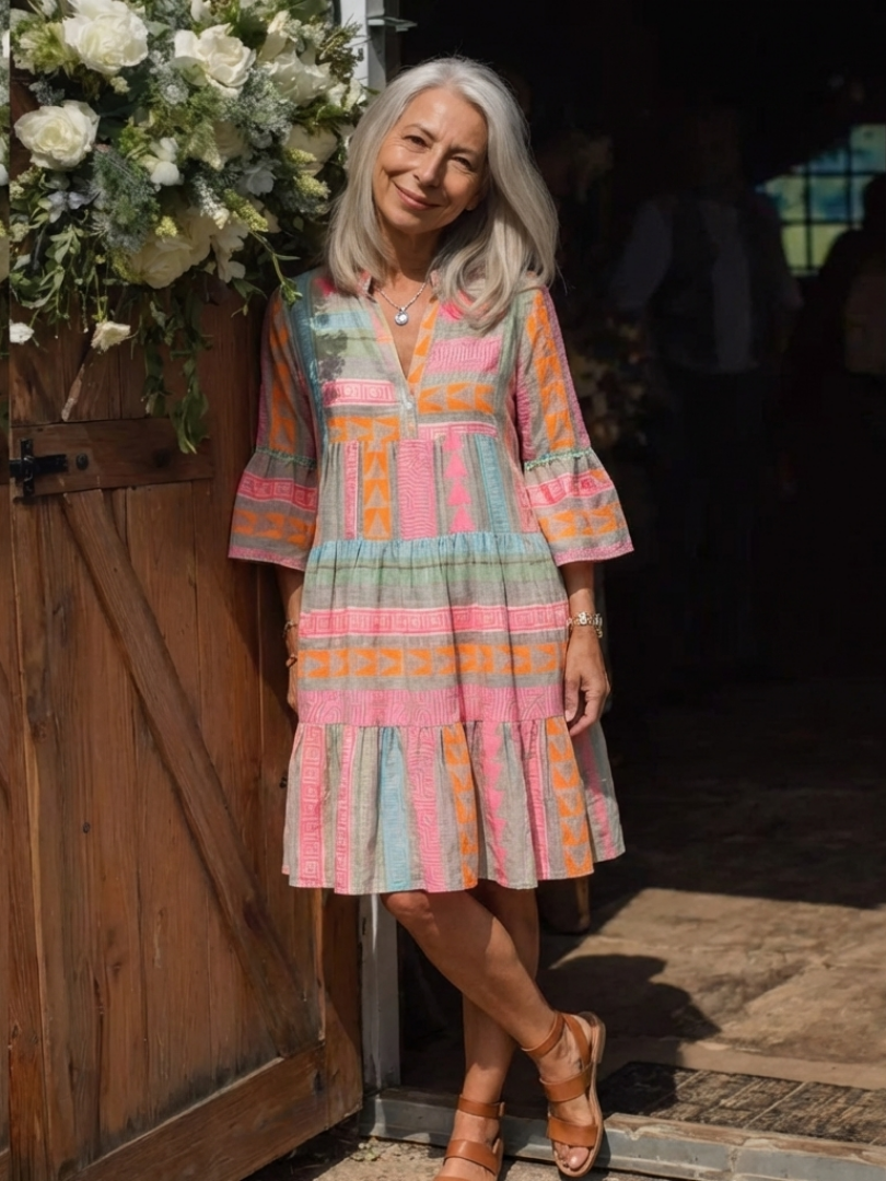 Maelle | Geometric Print V-Neck Tiered Midi Dress