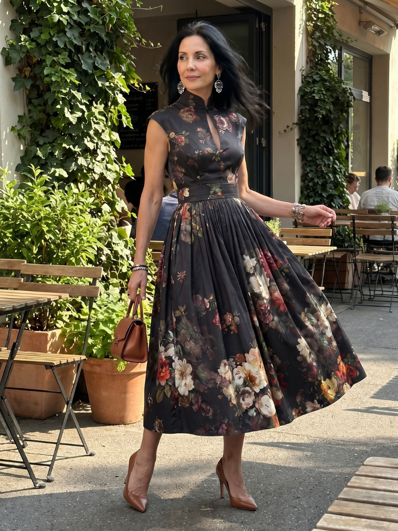 Paloma | High Neck Keyhole Floral Pleated Midi Dress