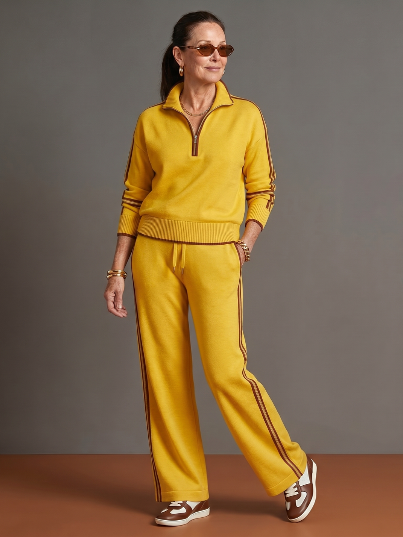 Rova | Zip Neck Striped Knit Long Sleeve Pants Set