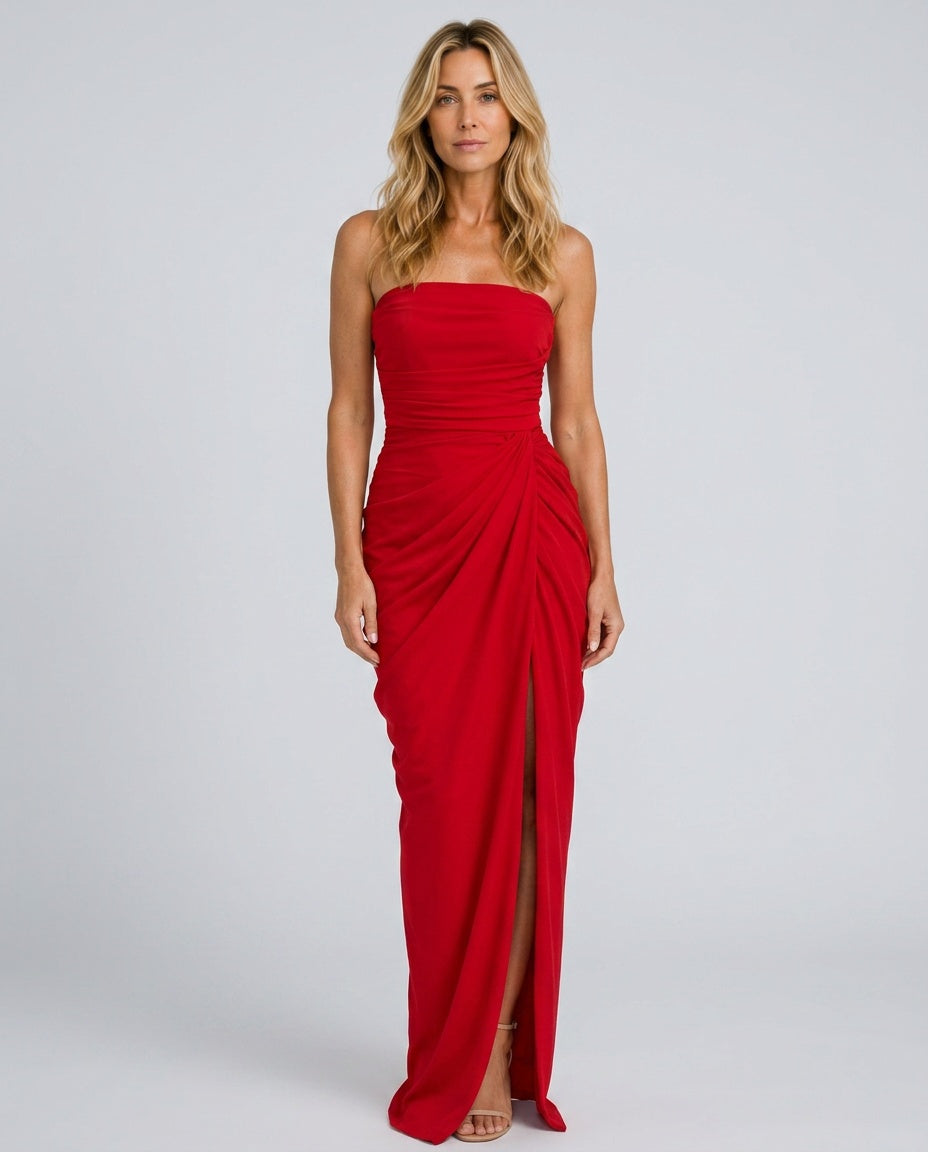 Everly | Strapless Draped Split Maxi Dress