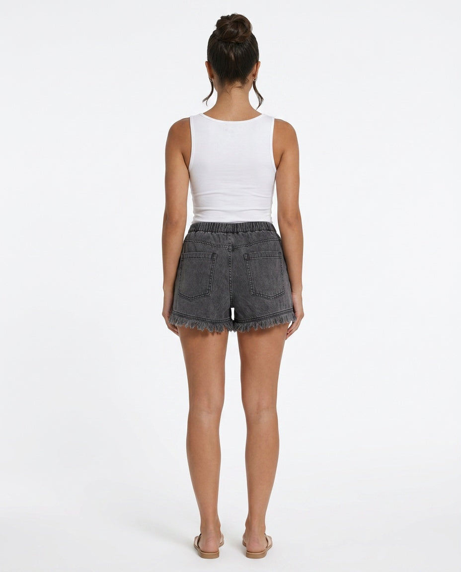 Florencia | Elastic Waist Raw Hem Denim-Look Shorts