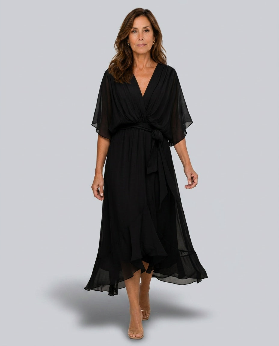 Daniela | Belted V-Neck Chiffon-Look Midi Dress
