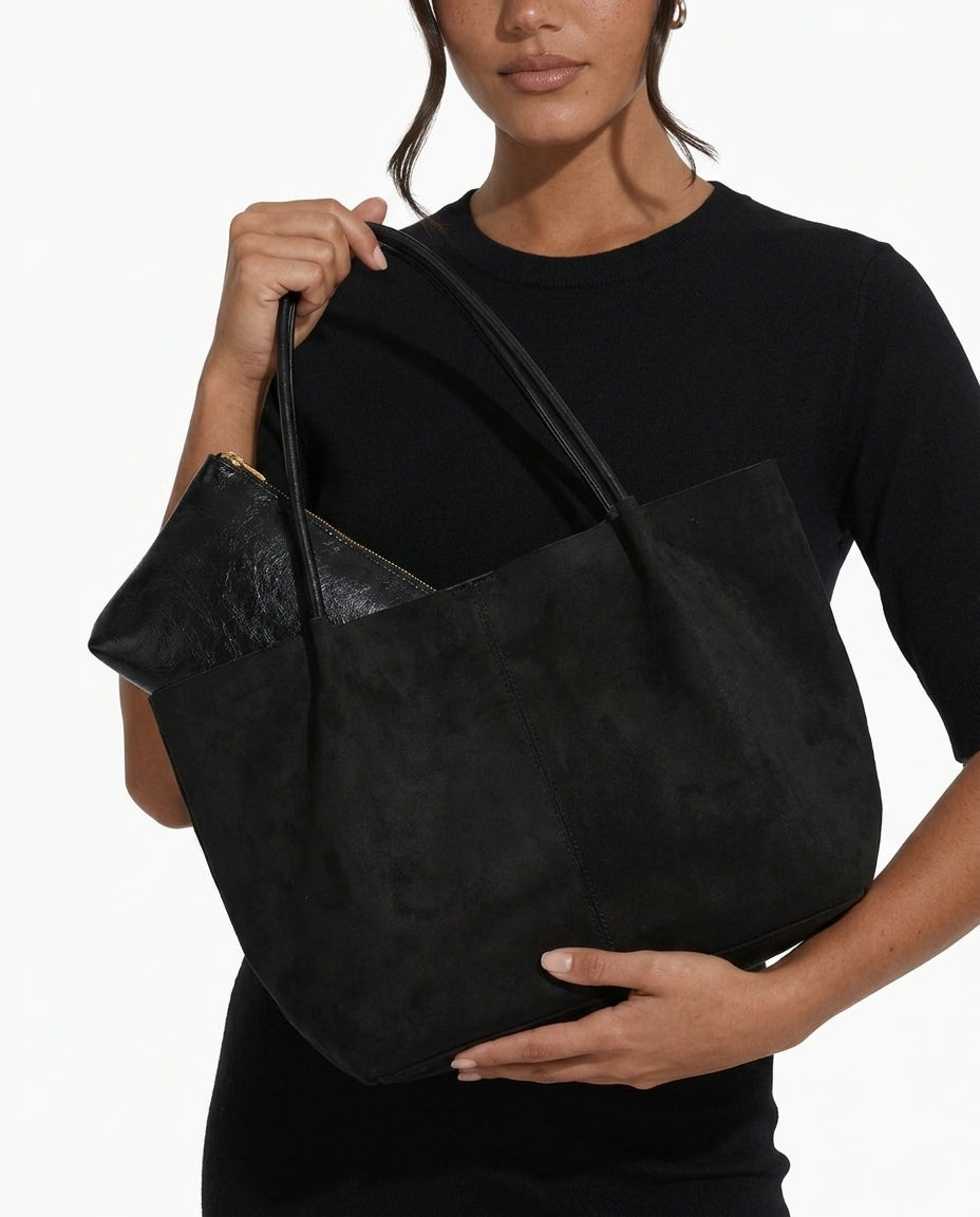 Retro Faux Suede Zip Tote Bag with Pouch
