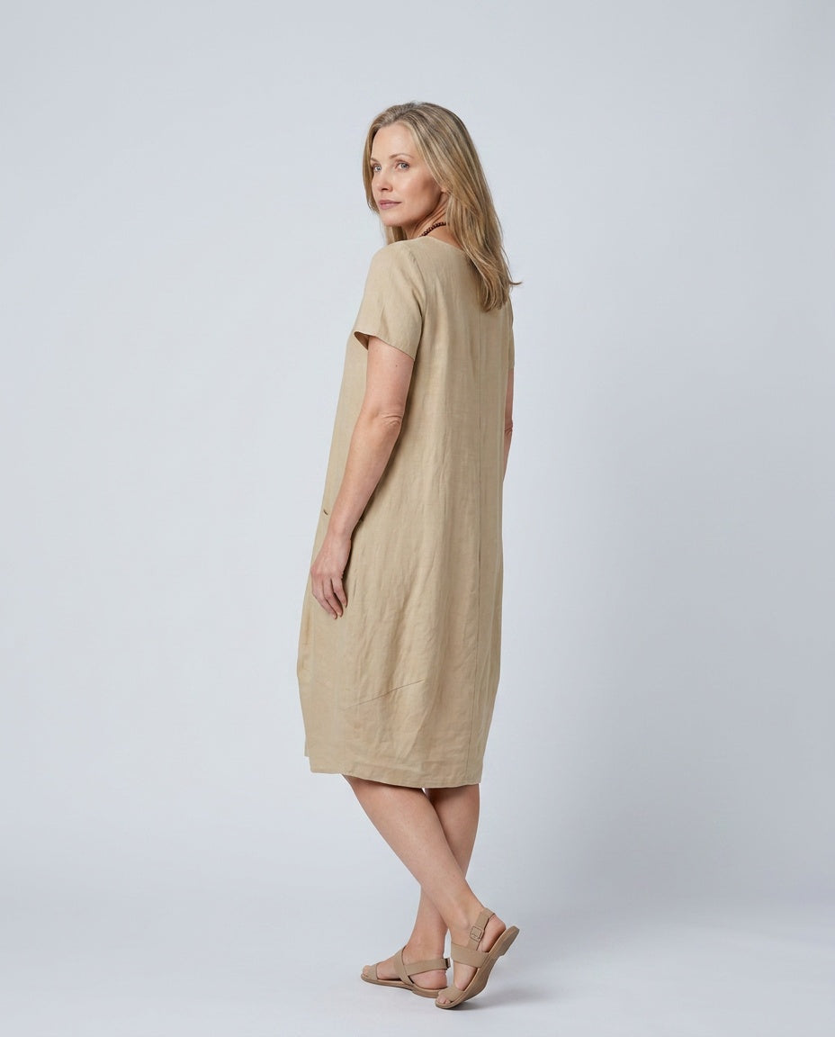 Dion | Short Sleeve Pleated Knee-Length Midi Dress