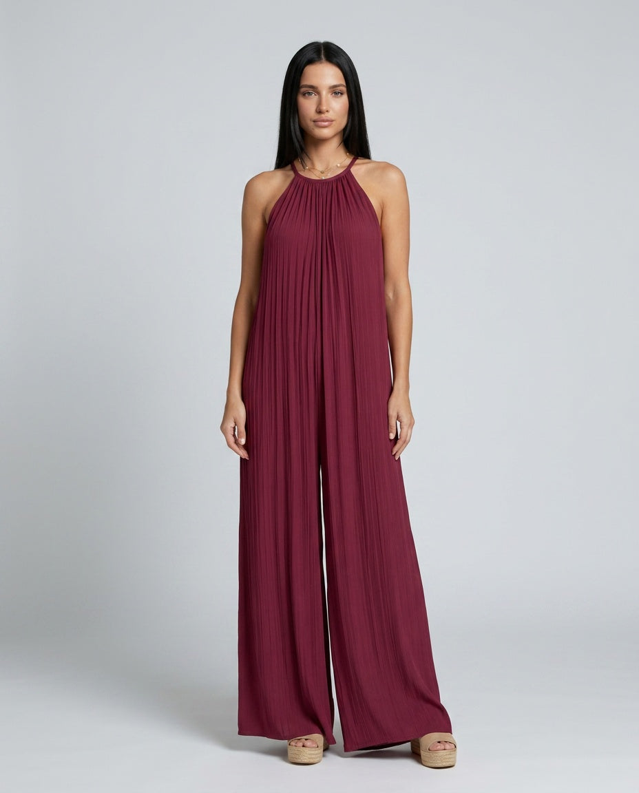 Sylvara | Pleated Halter Neck Wide Leg Jumpsuit