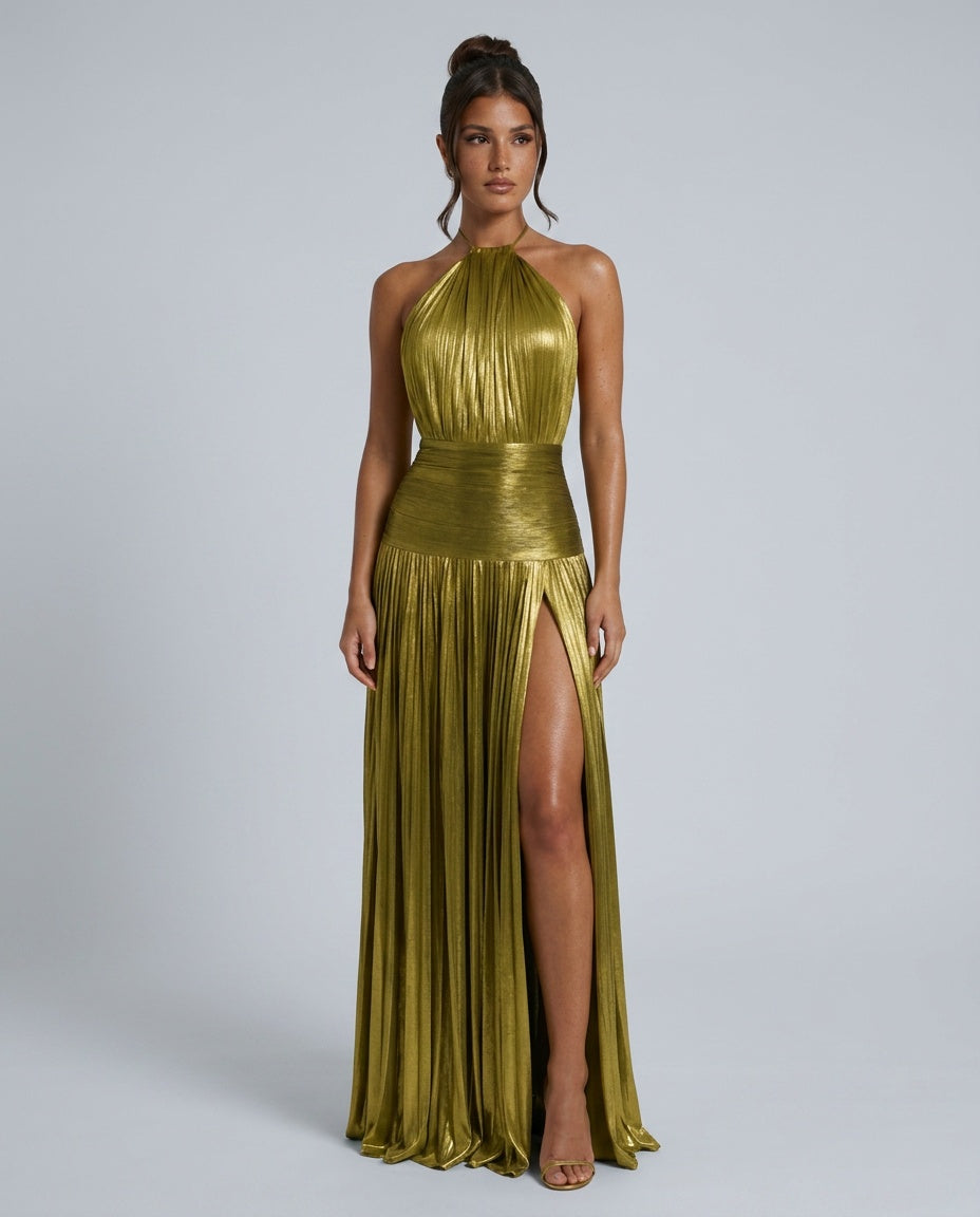 Hadley | Pleated Satin-Look Halter Neck Maxi Dress