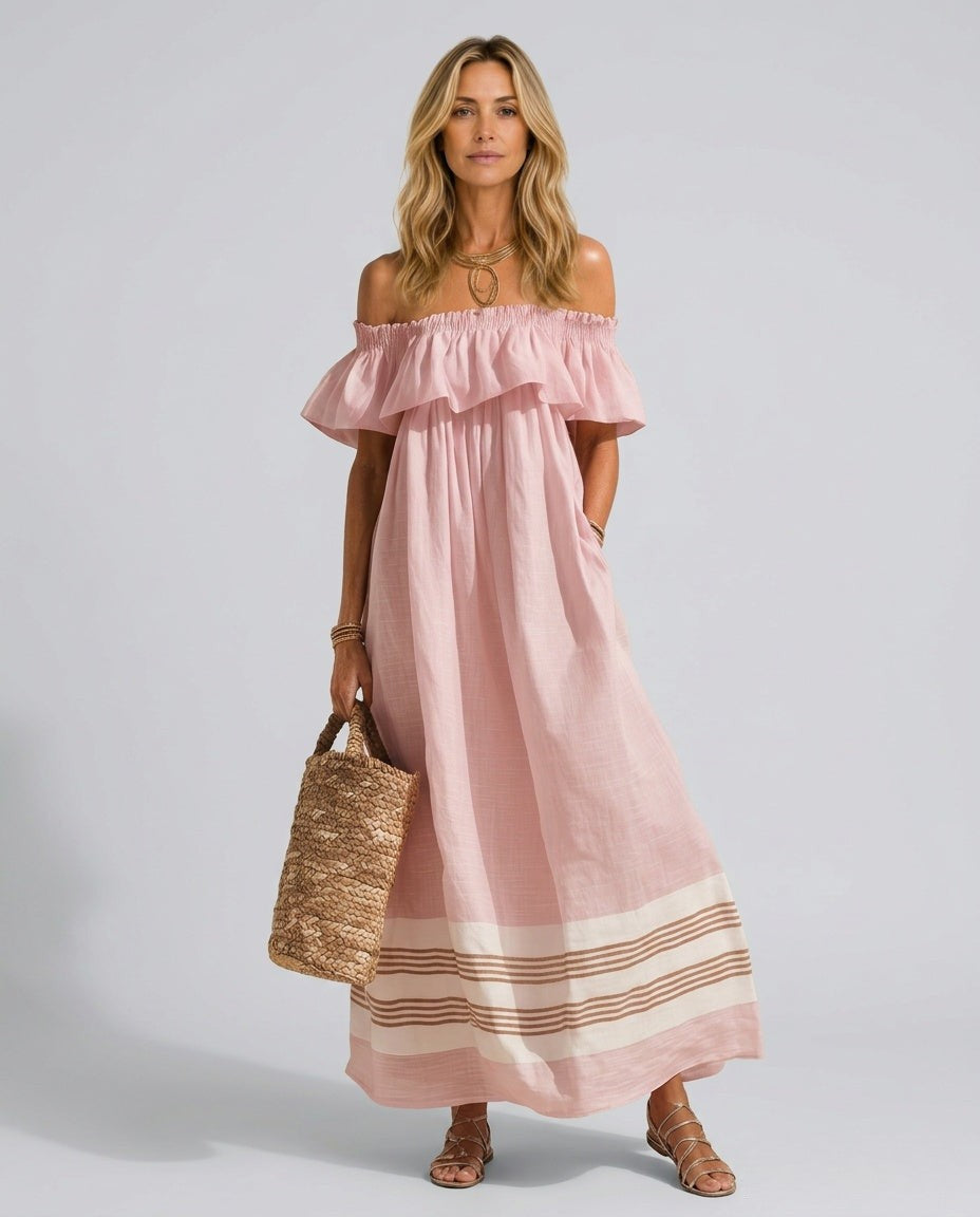 Edith | Off-Shoulder Ruffled Striped Maxi Dress
