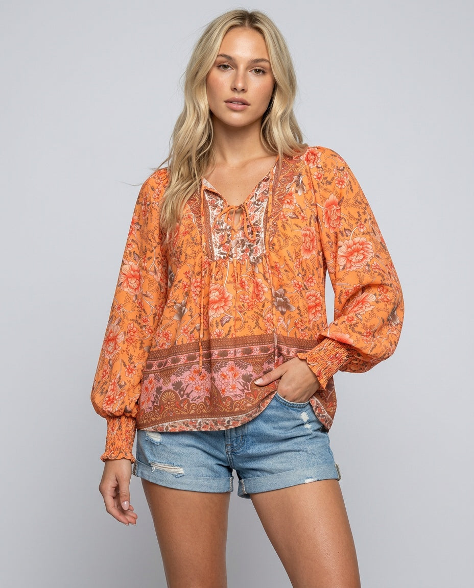 Clara | Floral Print V-Neck Long Sleeve Blouse