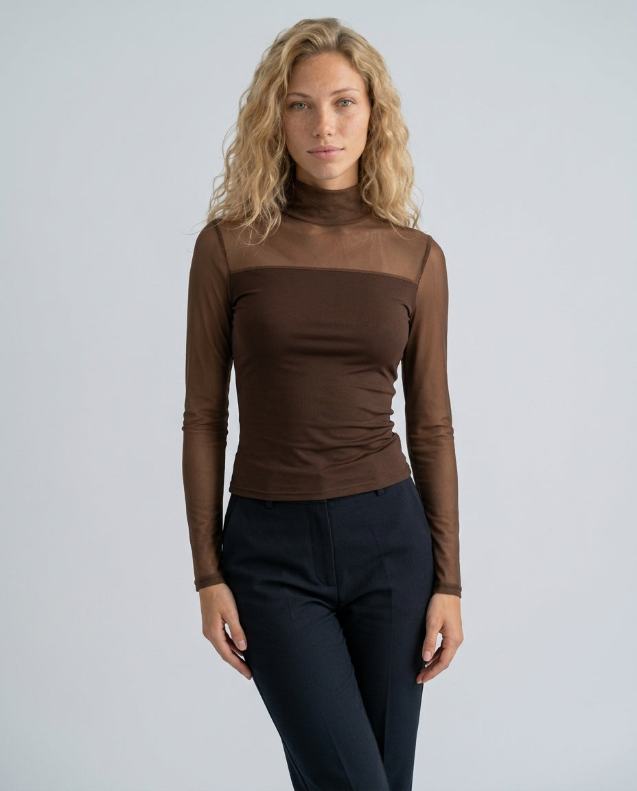 Isolde | Fitted High Neck Long Sleeve Mesh Top