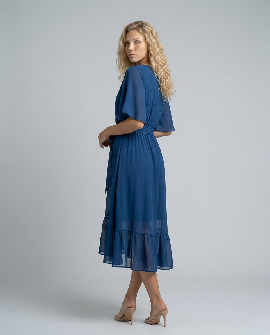 Daniela | Belted V-Neck Chiffon-Look Midi Dress