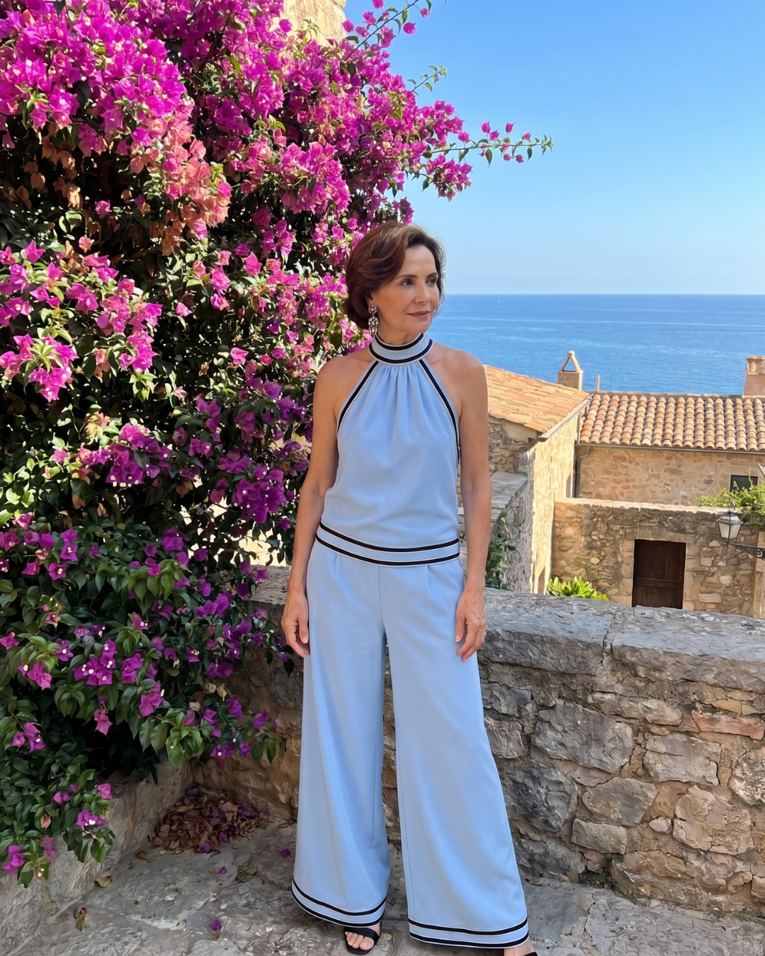 Bianca | Contrast Trim Halter Neck Wide Leg Jumpsuit