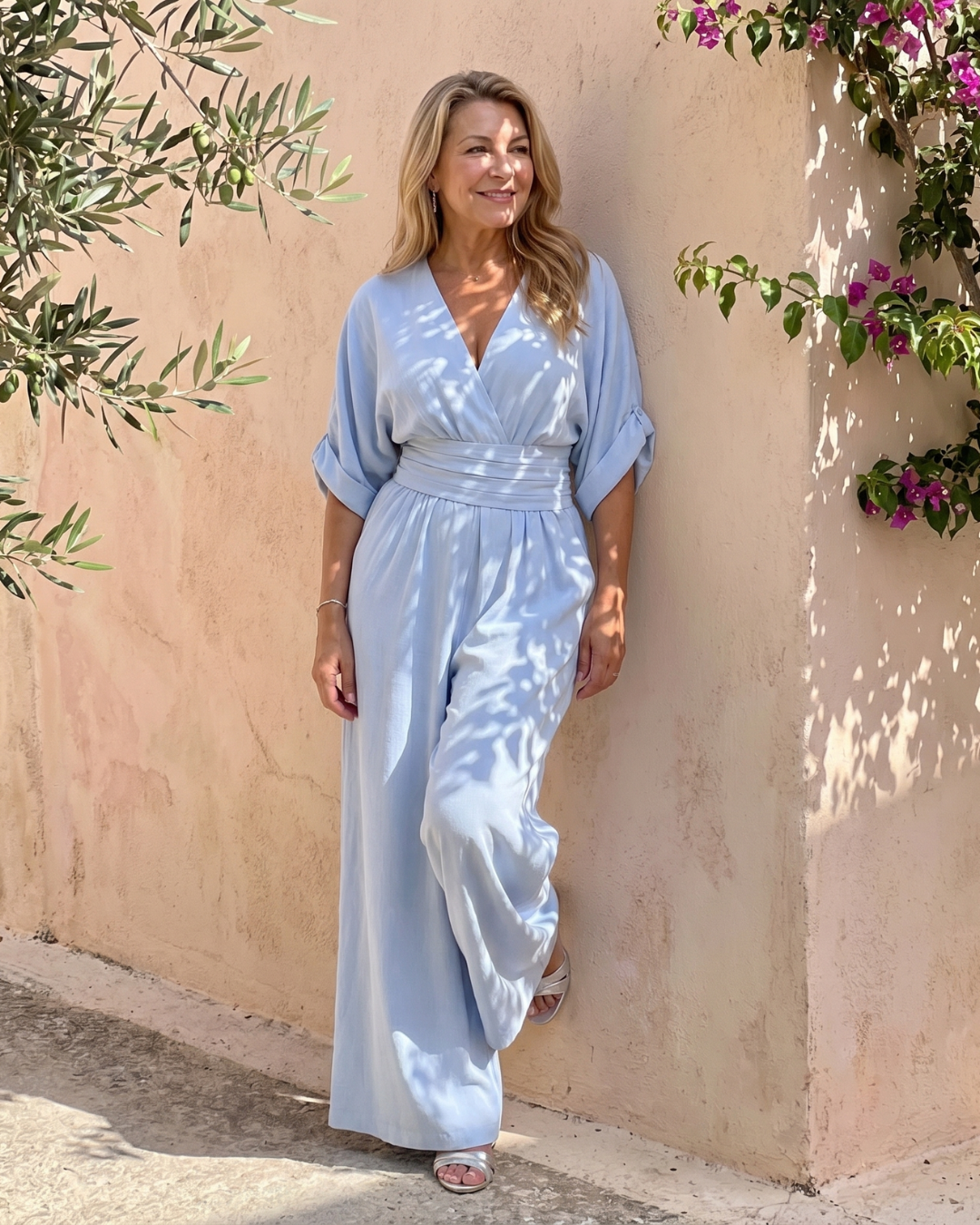 Elin | Draped V-Neck Wide Leg Relaxed Jumpsuit