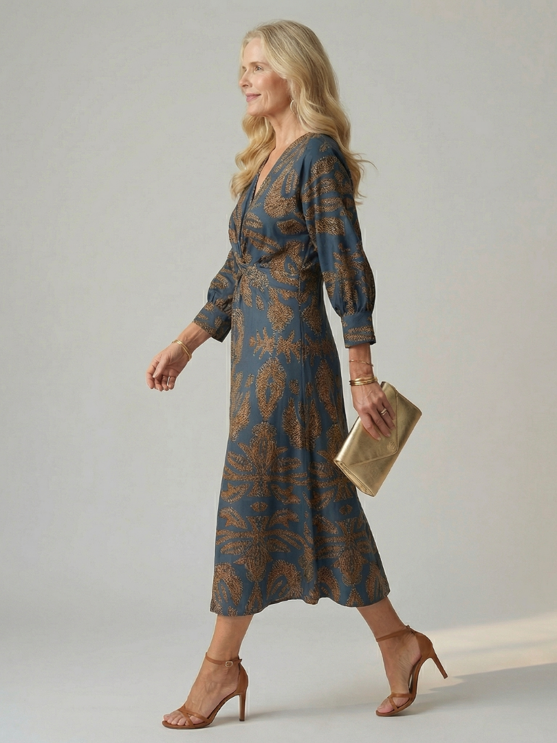 Delphine | Wrap Midi Dress in Natural Print
