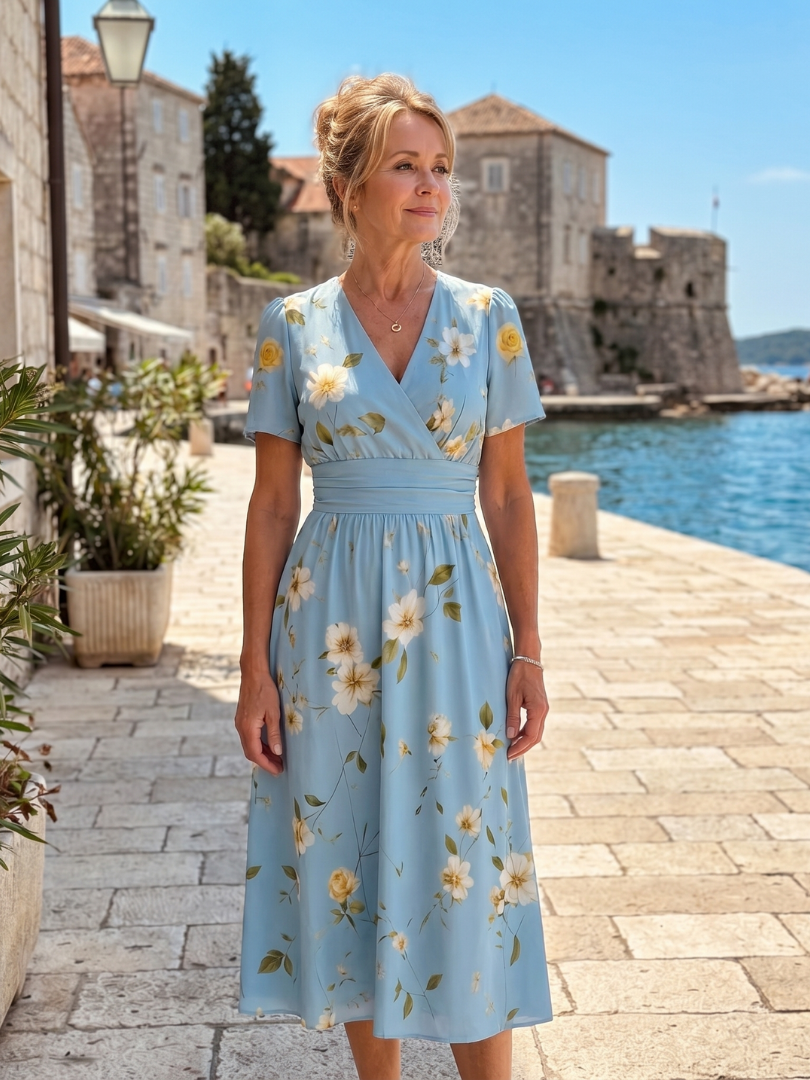 Jimena | Floral Print Short Sleeve V-Neck Midi Dress