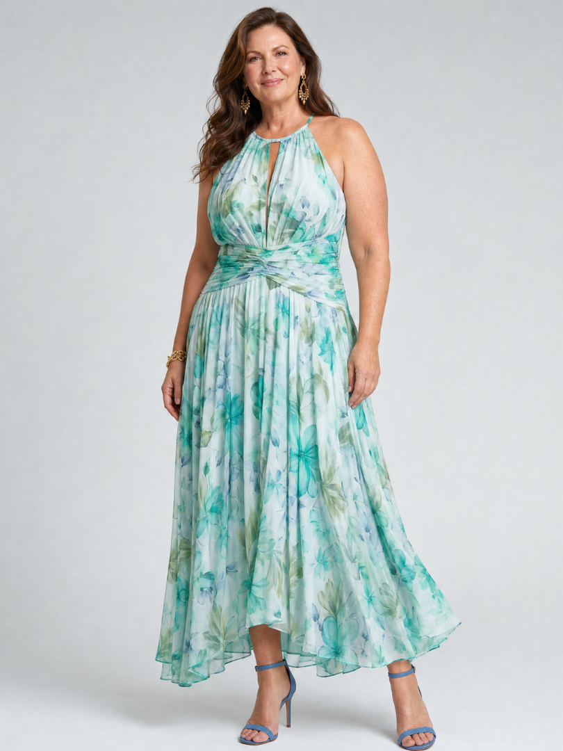 Beatriz | Pleated Halter Floral Midi Dress
