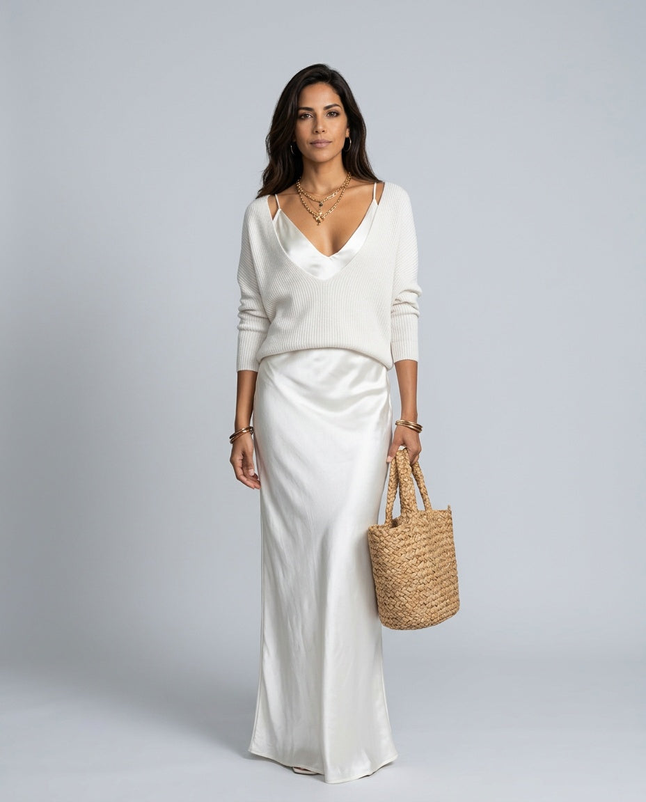Violet | Satin-Look Maxi Dress & V-Neck Jumper Co-ord Set