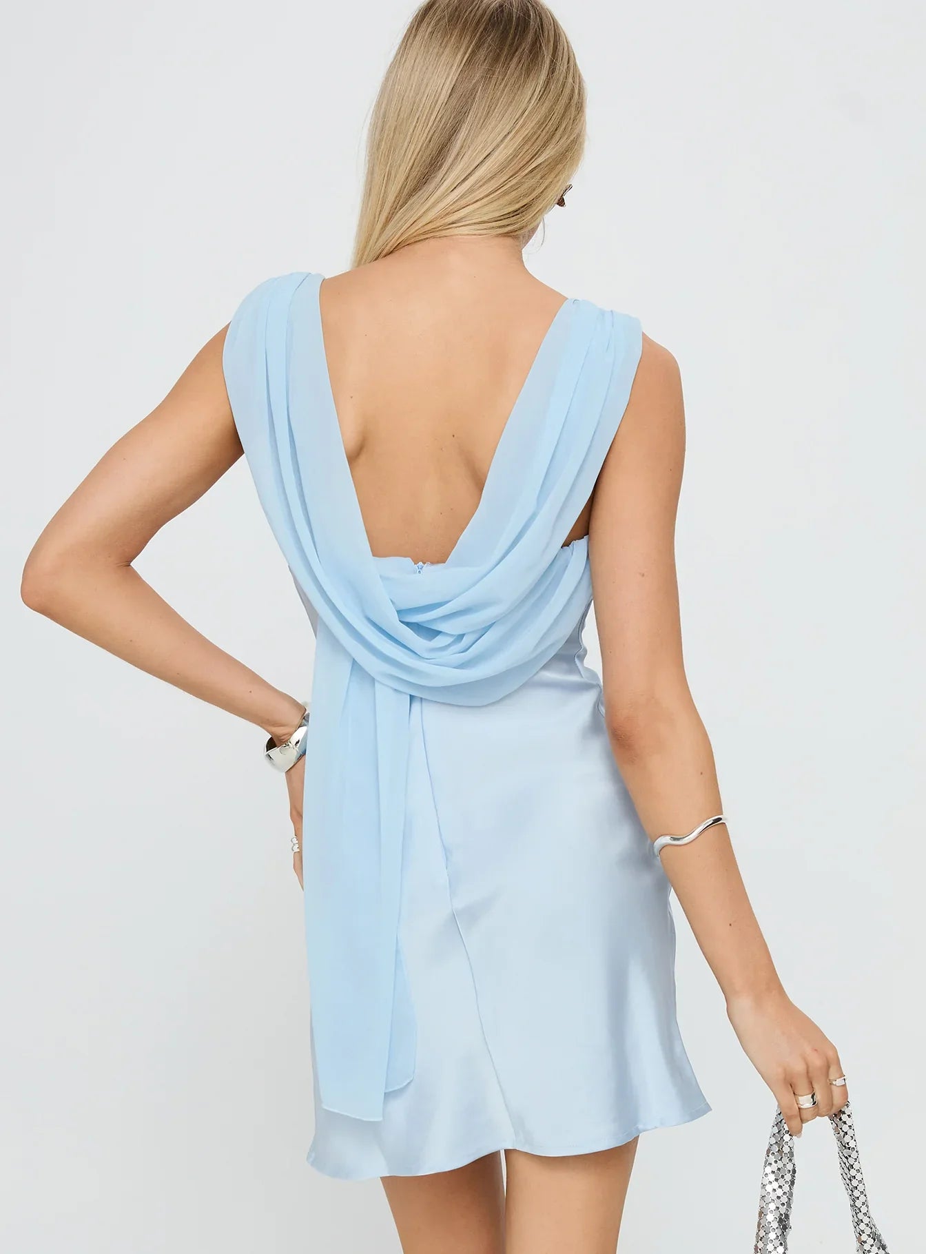 Naia | Plunge Neck Ruched Draped Back Mini Dress