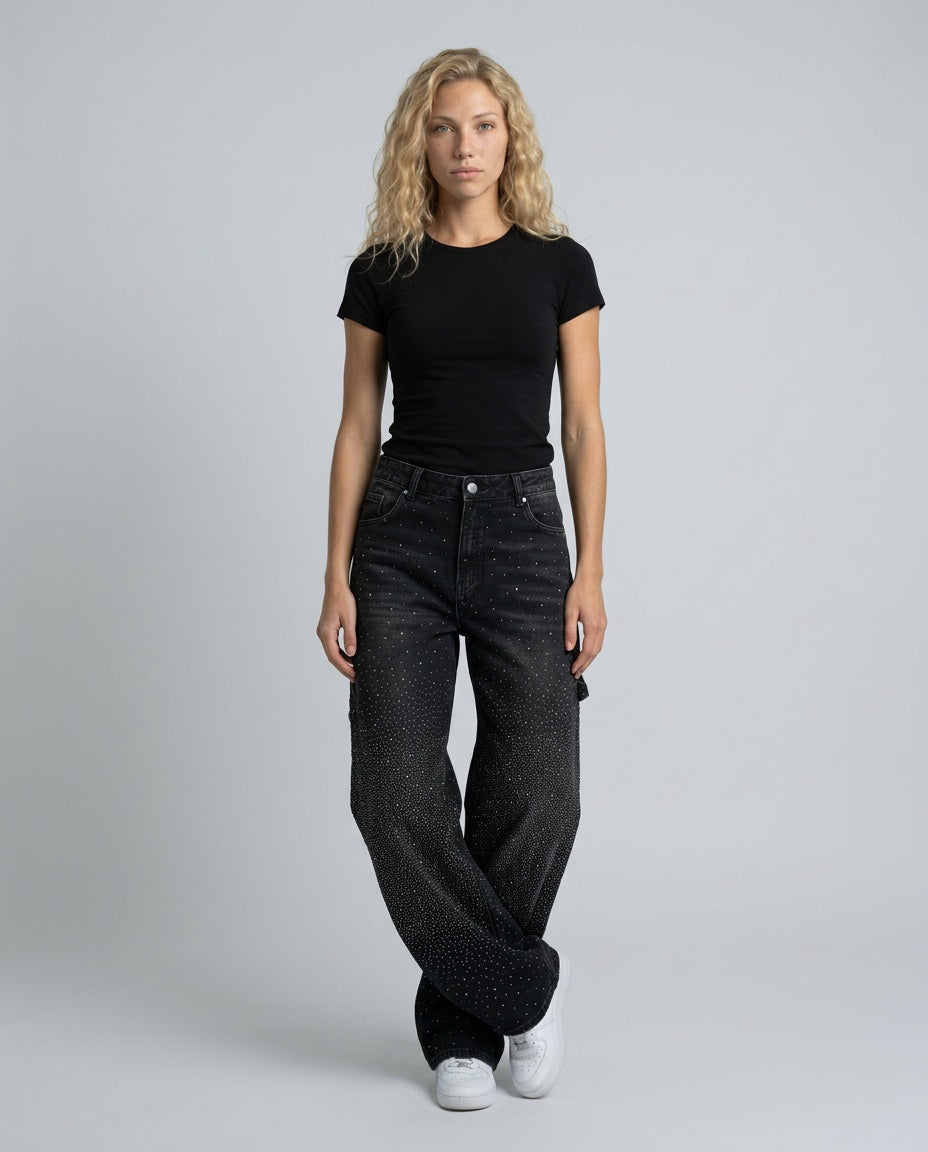 Dazzle | Rhinestone Wide-Leg Denim Trousers
