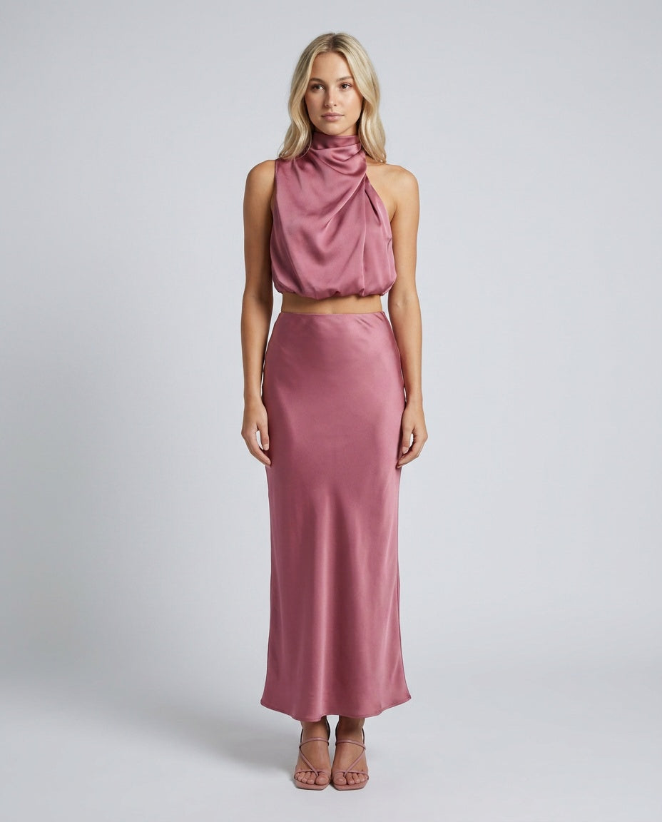 Cora | Halter Crop Top & High Waist Midi Skirt Set