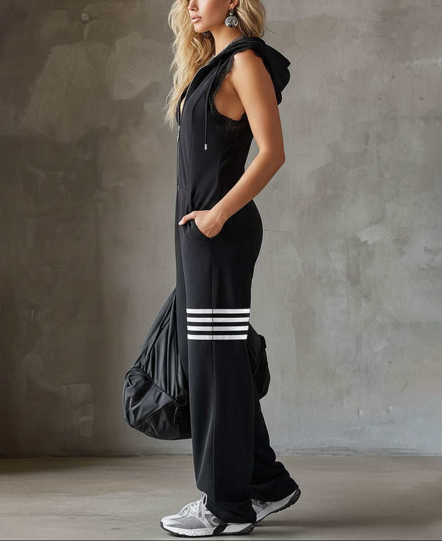Ryva | Hooded Striped Retro Sports Jumpsuit
