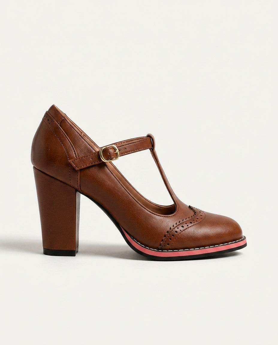 Orsini | Brogue T-Bar Block Heel Shoes