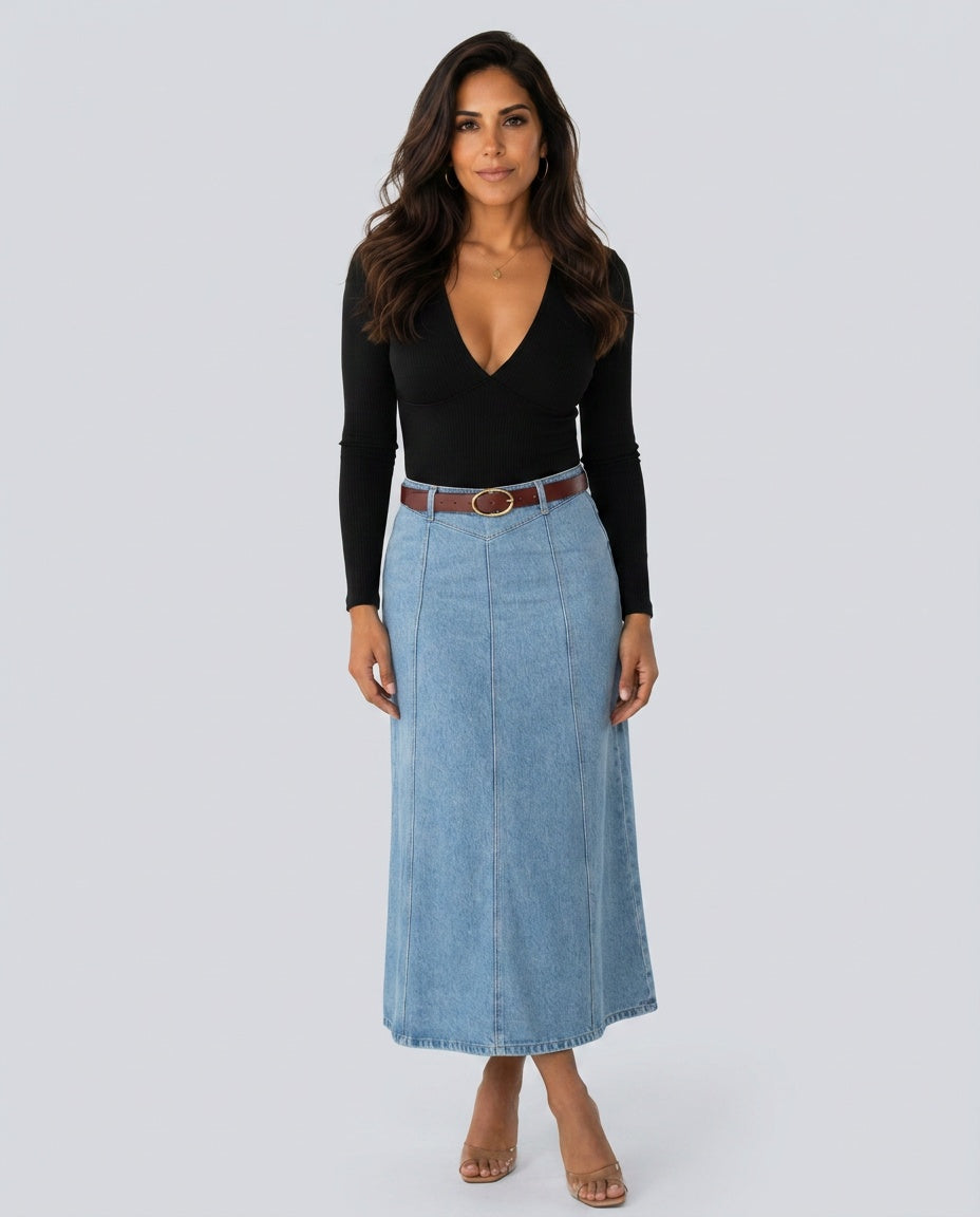 Vera | High Waist A-Line Panel Denim Maxi Skirt