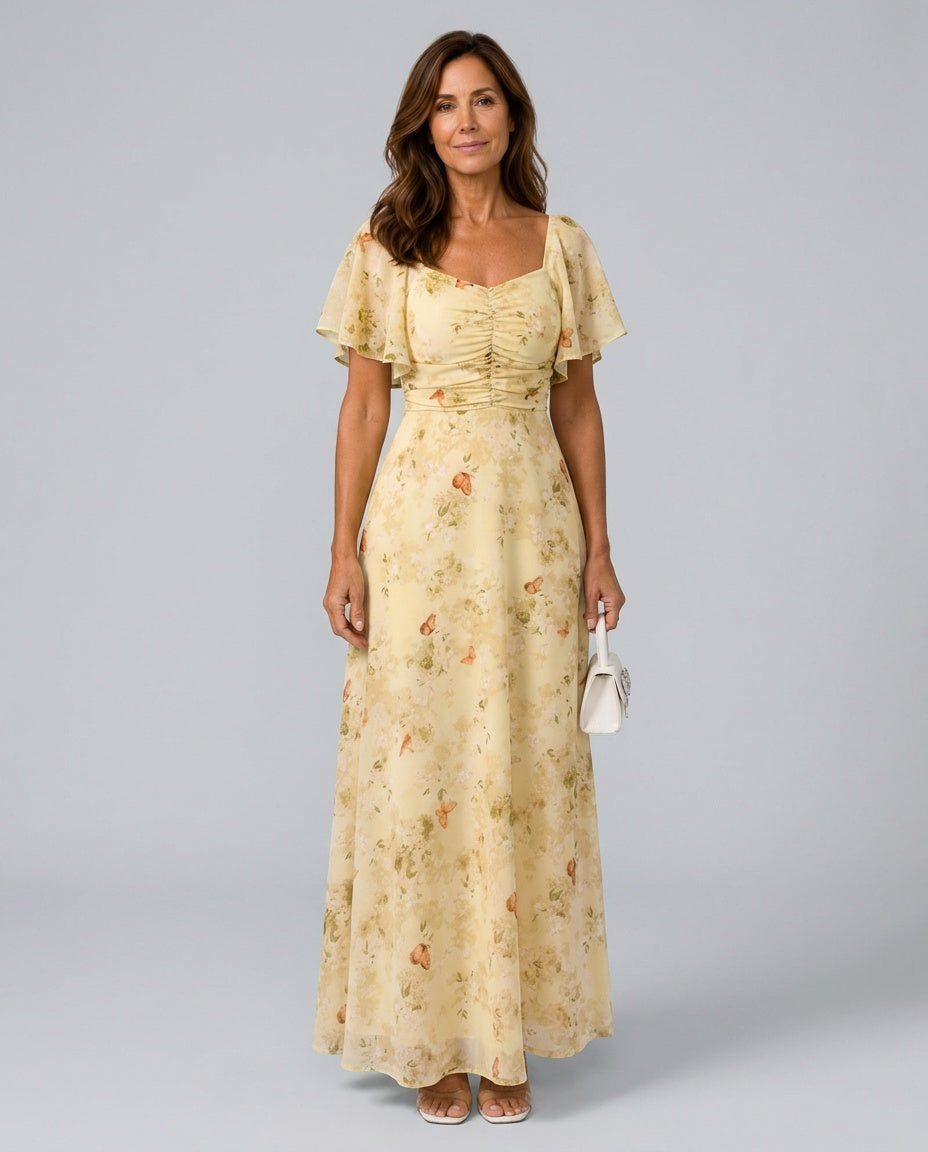Una | Floral Flutter Sleeve A-Line Maxi Dress