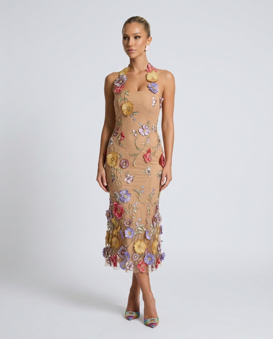 Giselle | Halter Neck Floral Embroidered Midi Dress