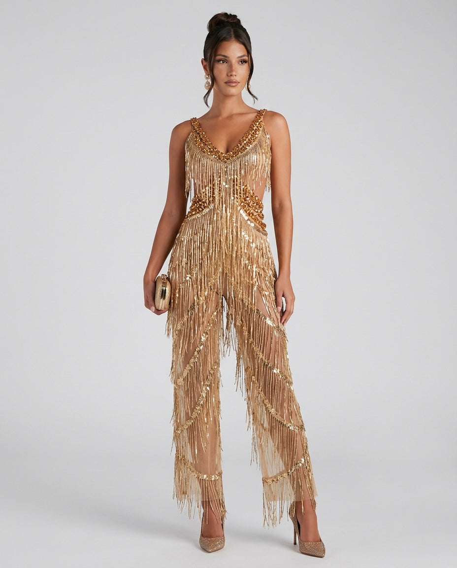 Emerson | V-Neck Rhinestone Fringe Jumpsuit