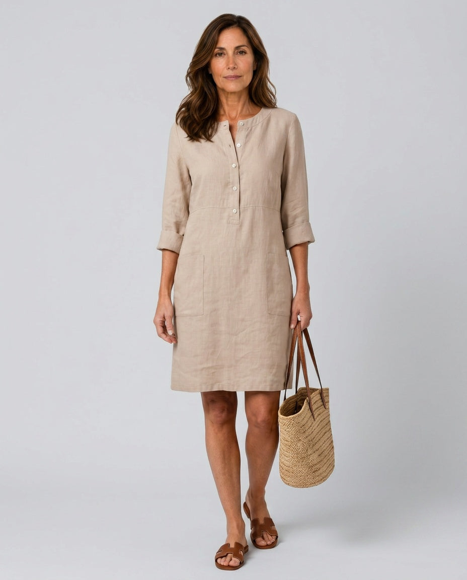 Thea | Button-Front Sleeved Knee-Length Midi Dress