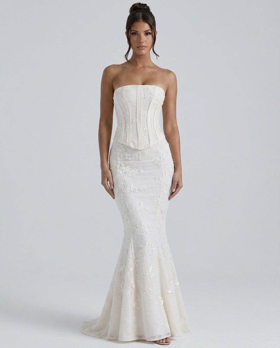 Seraphine | Strapless Embroidered Corset & Maxi Skirt Set