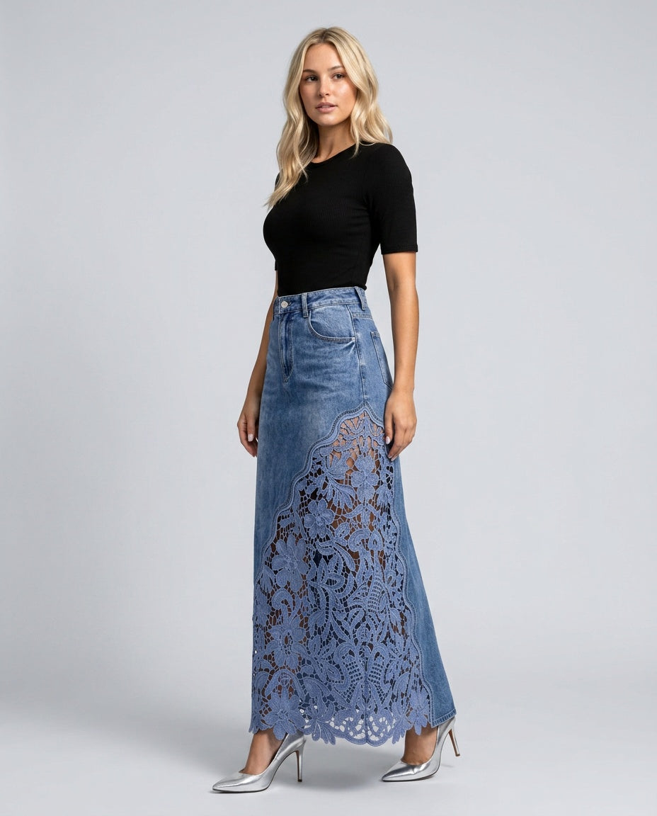 Everly | High Waist Floral Crochet Lace Denim Maxi Skirt