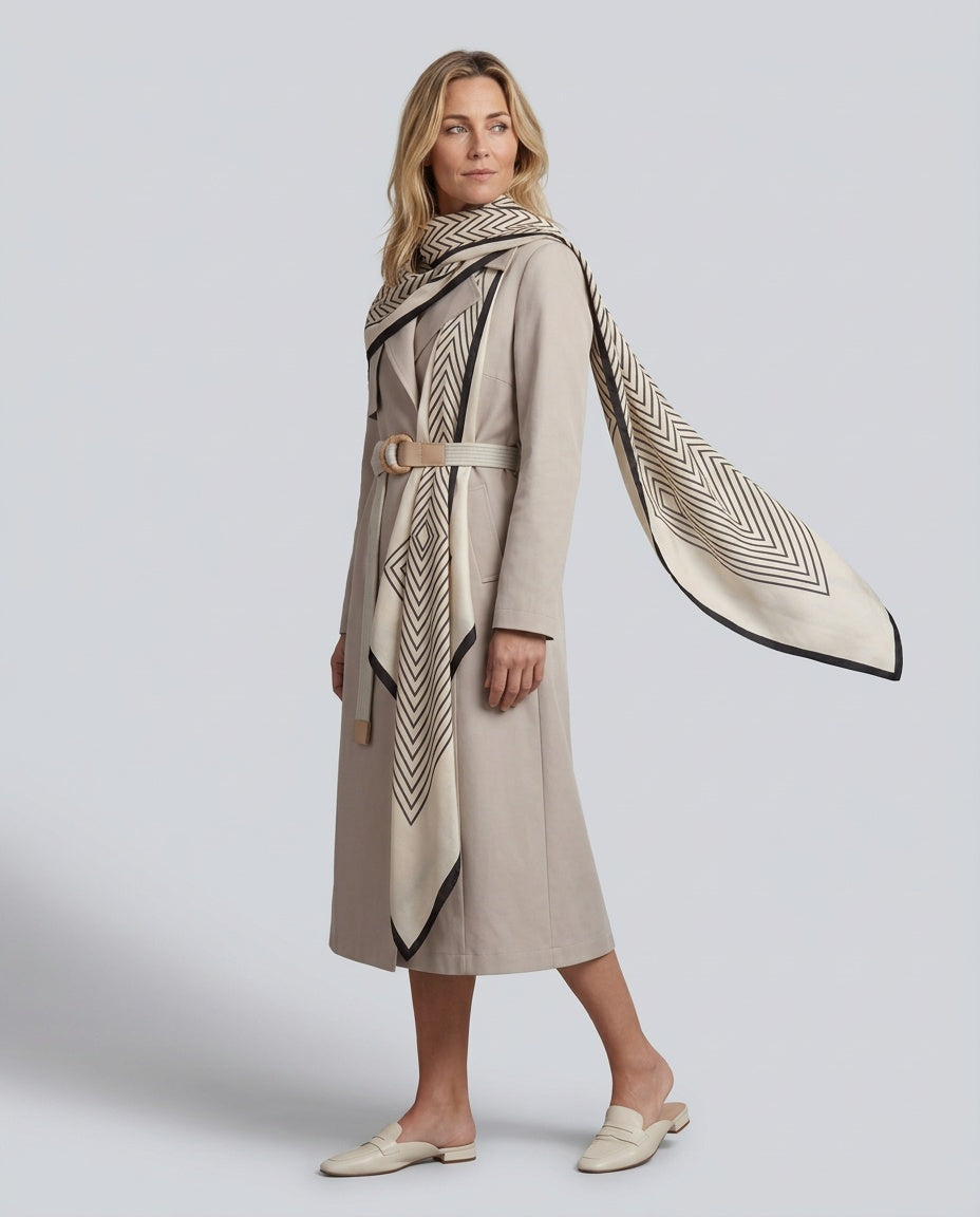 Noelia | Belted Geometric Scarf Midi Coat