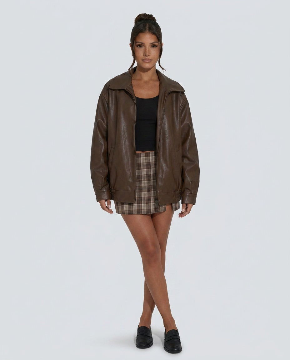 Zoé | Oversized Zip Front Faux Leather Bomber Jacket